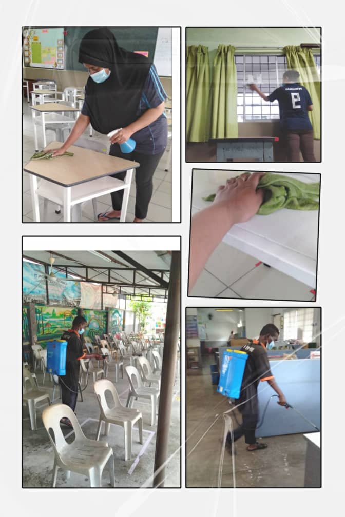 Workers disinfect the campus daily
