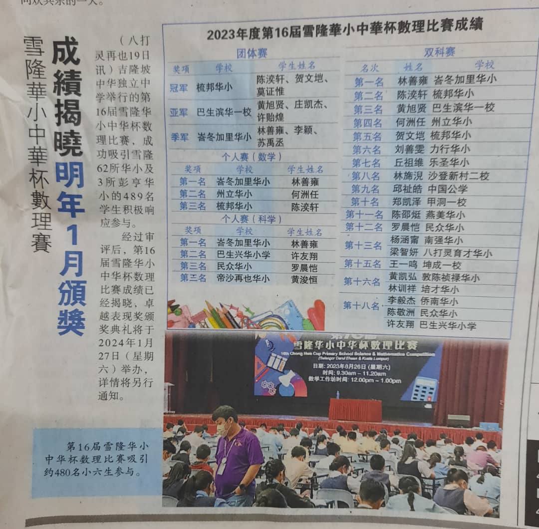 第16届雪隆华小中华杯数理比赛